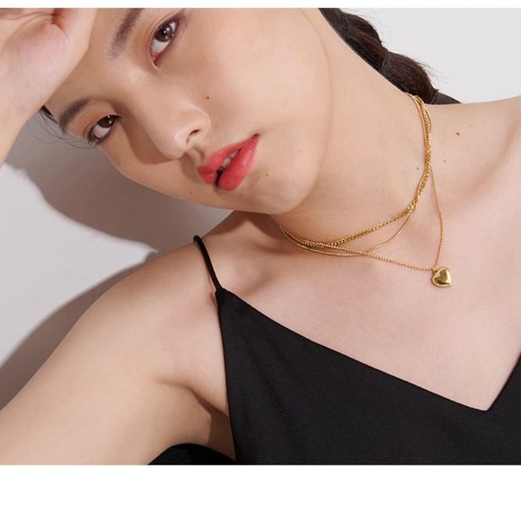 NEW 18K Gold Plated Link Chain Triple Layer Heart Necklace - Picture 5 of 7